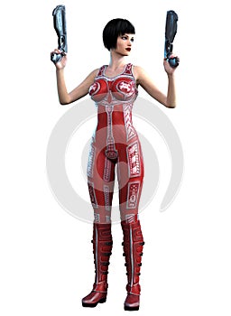 Futuristic woman soldier armed with guns, 3d rendering