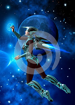 Futuristic woman soldier flying in the outer space, in the background stars, planets, nebula and asteroids, 3d illustration