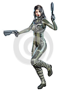 Futuristic woman soldier in a grey suit, armed with guns, 3d rendering