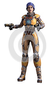 Futuristic woman soldier with guns, White background,