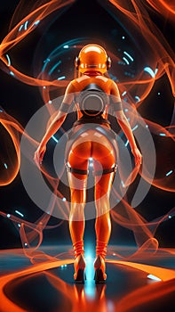 futuristic woman soldier in a orange suit and helmet with mask, generative ai illustration