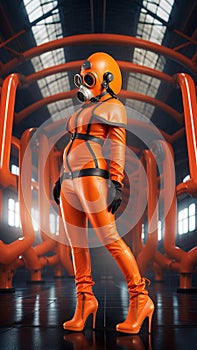 futuristic woman soldier in a orange suit and helmet with mask, generative ai illustration