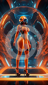 futuristic woman soldier in a orange suit and mask, generative ai illustration