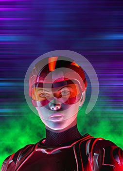 Futuristic woman soldier, red suit and helmet, 3d illustration