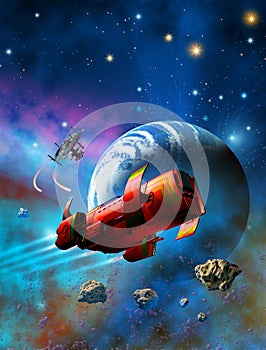 Futuristic spaceship with a space station launches missiles to defend the planet, 3d illustration photo