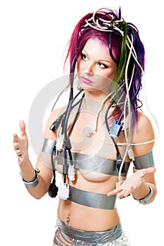 Futuristic woman tangled in cables