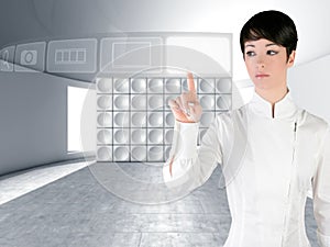 Futuristic woman touch finger copyspace