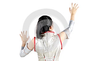 Futuristic woman touching virtual screen