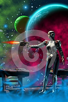 Futuristic woman warrior on an alien planet, 3d illustratiion