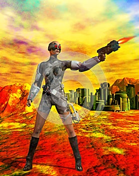 Futuristic woman warrior on alien planet, near a space base, 3d illustration