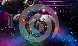 Futuristic woman warrior fighting with a robot, armed with gun, near a big spaceship, 3d illustration
