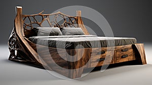 Futuristic Wooden Bed With Branches: Detailed Hunting Scenes In Zbrush Style