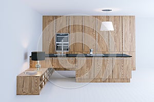 Futuristic wooden kitchen interior design with white flooring 3d render