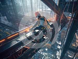 Futuristic worker in cyberpunk exoskeleton at dizzying height