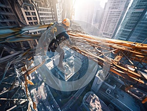 Futuristic worker in cyberpunk exoskeleton at dizzying height