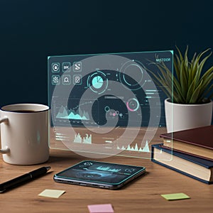 Futuristic workspace featuring a holographic interface displaying