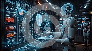 Futuristic workspace with multiple AI interfaces displaying complex data and analytics in a tech lab