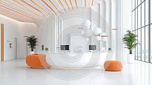 Futuristic workspace with sleek design featuring modern technology and vibrant decor elements in a bright, open environment