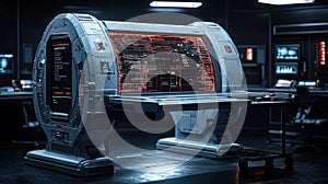 Futuristic workstation with digital interface in a high-tech laboratory setting