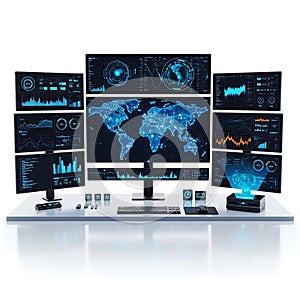 A futuristic workstation with multiple computer monitors displaying various data visualizations