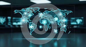 Futuristic World Map with Glowing Connections and Data Visualization