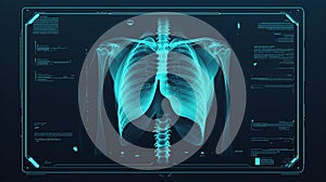Futuristic X-ray scan of a human chest with a digital medical interface