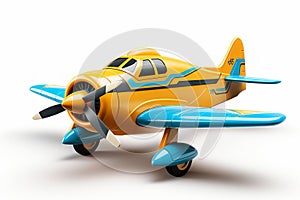 Futuristic yellow blue toy airplane isolated on a white background. Concept of kids friendly toys, aviation playthings