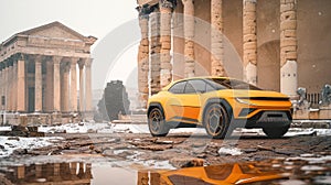 Futuristic yellow electric car against ancient architecture in background