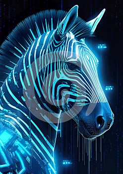 A futuristic zebra with cybernetic enhancements, set in a neon-clad cyberpunk world.