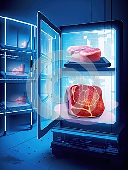 A futuristiclooking computer analyzing the nutritional components of labgrown meats.. AI generation