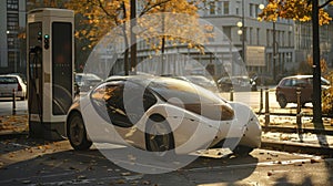 A futuristiclooking electric car being charged by a solarpowered station in a parking lot. . AI generation