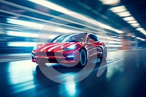 Futuristicred sports car in motion. Blue light motion background with car silhouette. a supercar on a night track. AI