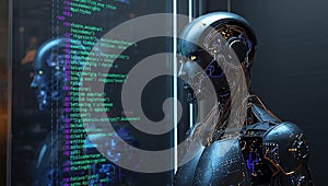 Futuristik AI Robot with Digital Coding Background