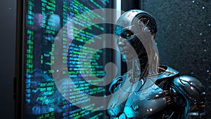 Futuristik AI Robot with Digital Coding Background
