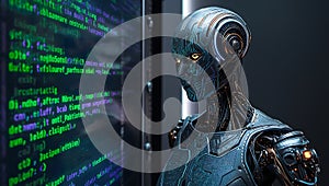 Futuristik AI Robot with Digital Coding Background