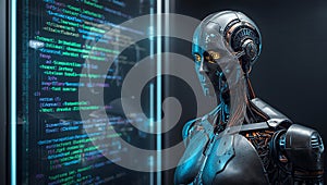 Futuristik AI Robot with Digital Coding Background