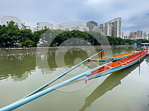 Fuzhou,Fujian,China, - June 7,2021 : Two empty Dragon boat just launched prepare to race in  the Dragon-boat Festival
