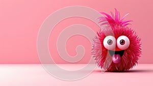 Fuzzy pink creature sticking out tongue on pink background.