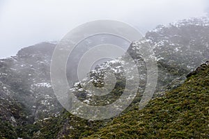 Fuzzy snowy mountains along the Hooker Valley Track, Mount Cook National Park