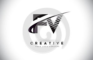 FV F V Letter Logo Design with Swoosh and Black Lines.