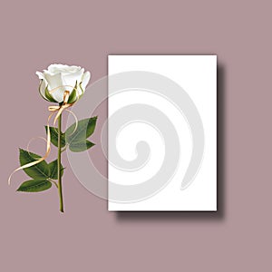 Fwstive roses  White invitation banner card mockup  with exotic  flowers and leaf  tropical summer  elements  copy space template