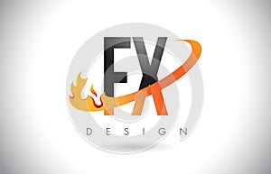 FX F X Letter Logo with Fire Flames Design and Orange Swoosh.