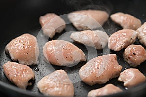 Fying chicken fillet slices on nonstick pan