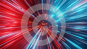 Fyling through colorful glowing light streak tunnel. Abstract wormhole, hyperloop, big data background