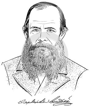 Fyodor Dostoyevsky portrait in line art illustration