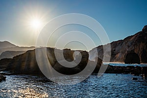 Fyriplaka beach on sunset, Milos island, Cyclades, Greece photo