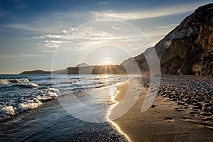 Fyriplaka beach on sunset, Milos island, Cyclades, Greece photo