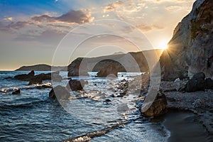 Fyriplaka beach on sunset, Milos island, Cyclades, Greece photo