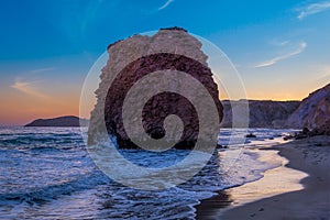 Fyriplaka beach on sunset, Milos island, Cyclades, Greece photo