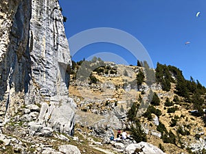 FÃ¼essler cliff or FÃ¼essler-Felsen Fueessler-Felsen or Fuessler-Felsen on the Ebenalp alpine hill and in the Appenzellerland